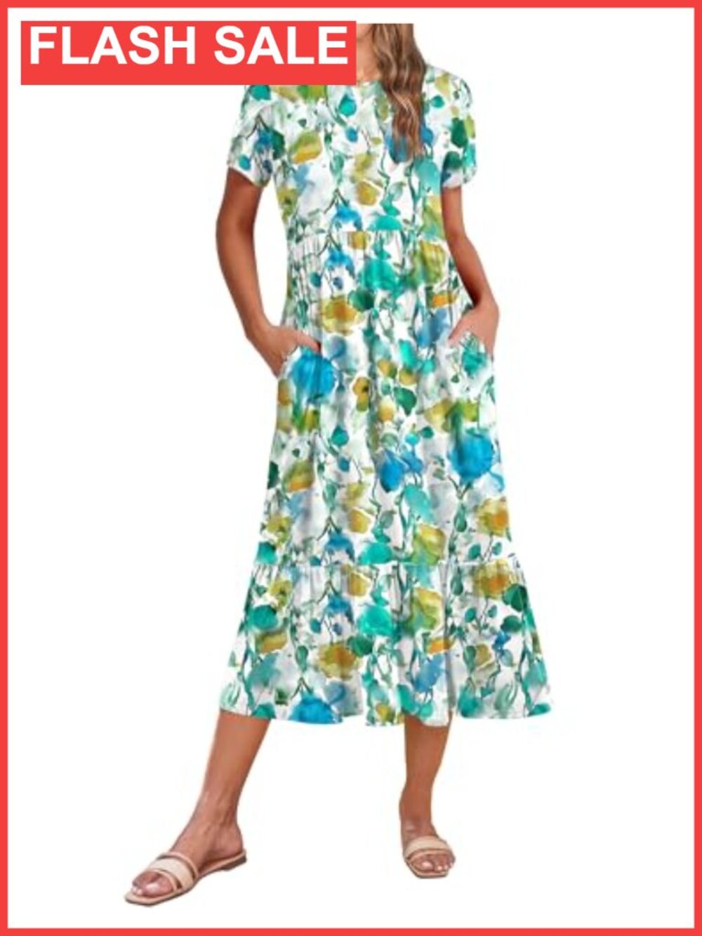 Women Summer Midi A Line Dress Short Sleeve Tiered Flowy Sundress with Pockets